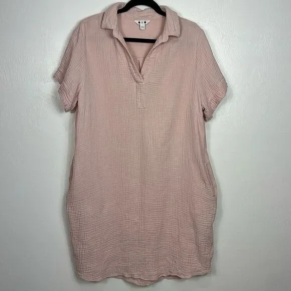 THREE DOTS Casual Soft Pink Double Gauze Shirt Dress With Pockets Size L - Picture 2 of 8